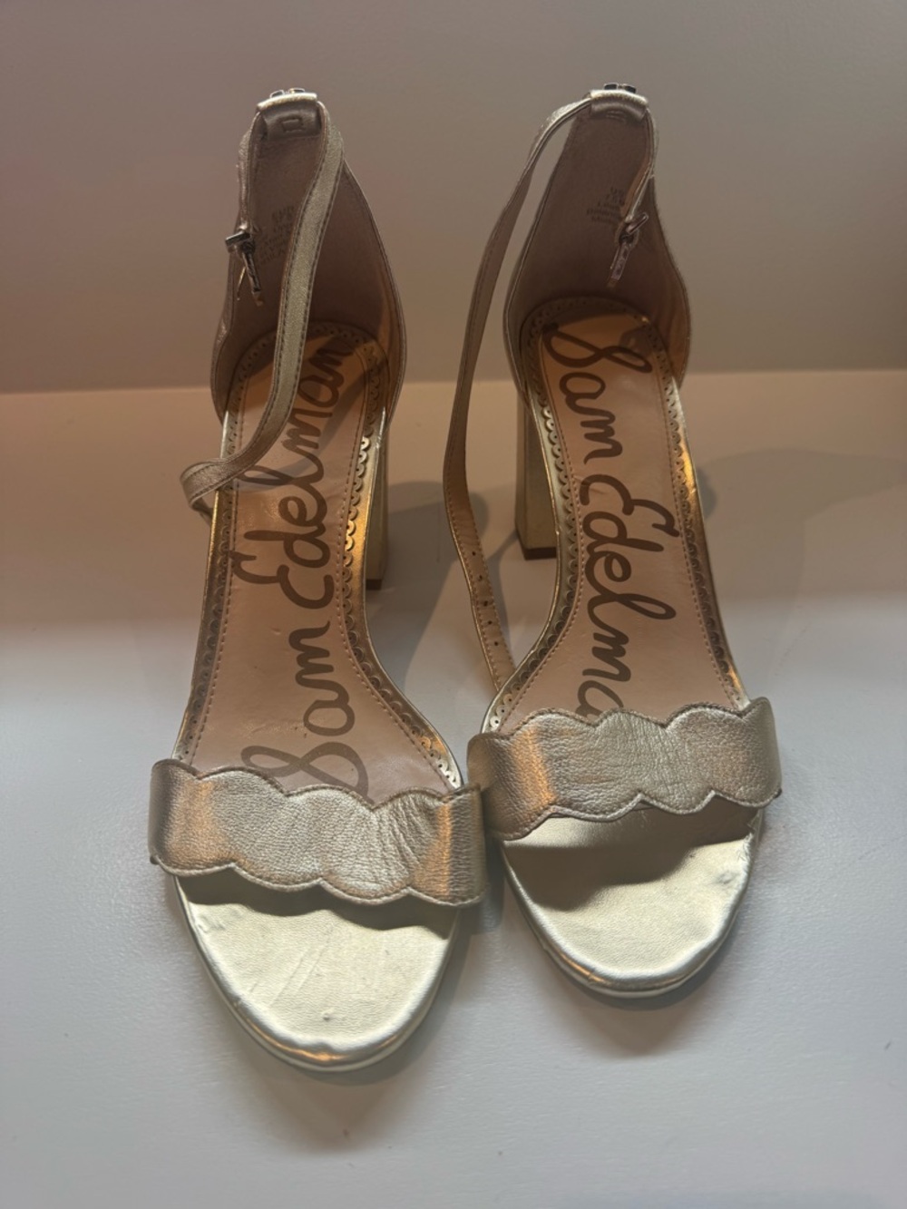 SAM. Metallic Gold Scalloped Ankle-Strap Heels